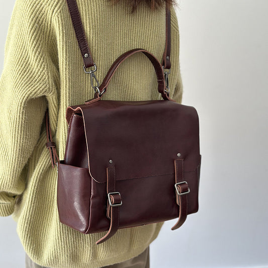 Vegetable-Tanned Leather Backpack for Women, Large Capacity Commute Travel Daypack, Versatile Shoulder Crossbody Top Handle Bag, Casual Everyday Purse for Ladies