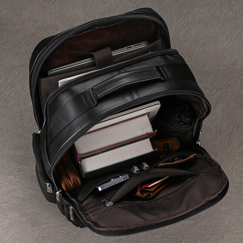 New Black Genuine Leather Large Capacity Travel Backpack, Business Trip Daypack, Premium Storage Bag for Men