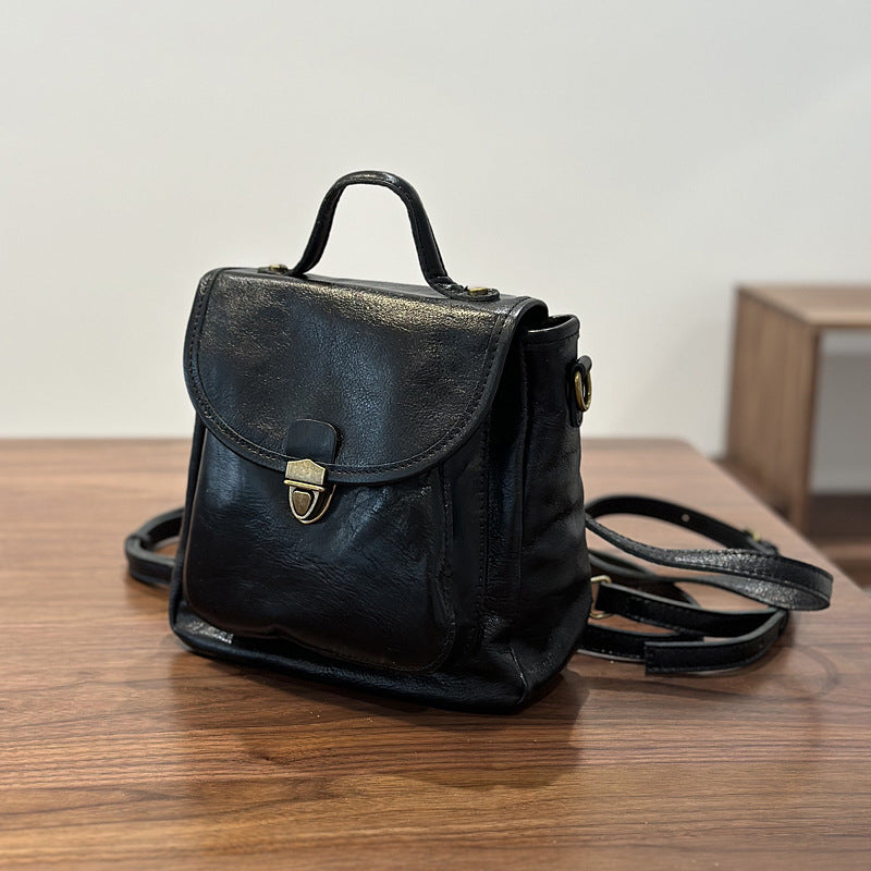 Genuine Top Layer Vegetable-Tanned Cowhide Backpack for Women, Fall Winter Small Shoulder Crossbody 2-in-1 Purse, Versatile Everyday Daypack for Ladies