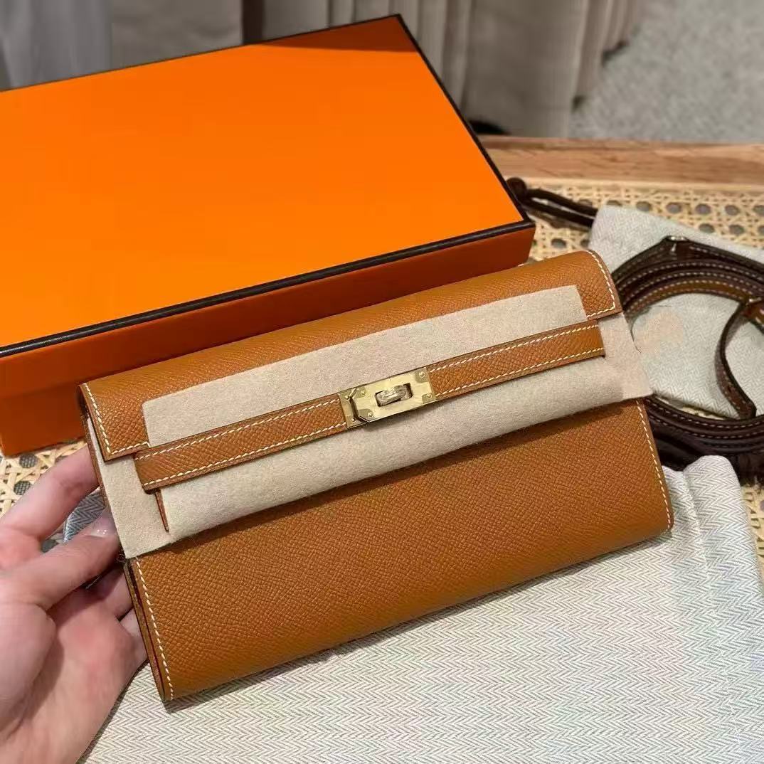 Genuine Leather Crossbody Bag for Women, Hermès-Inspired Kelly Mini Bag 2025 New Release, Long Wallet Style Shoulder Purse with Detachable Strap, Versatile Everyday Niche Handbag