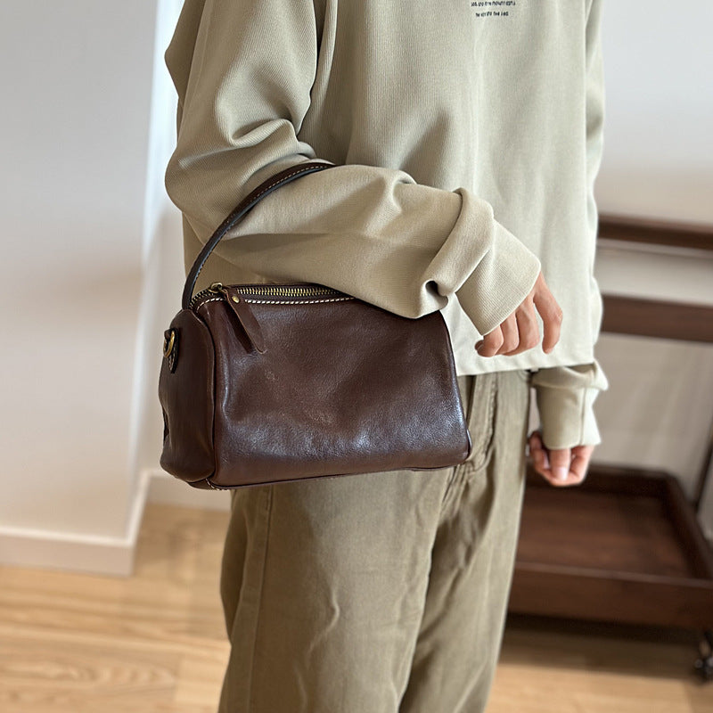 Genuine Vegetable-Tanned Top Layer Cowhide Bag for Women, Vintage Minimalist Shoulder Crossbody Top Handle Purse, Unique Lunch Box Style Small Handbag for Ladies