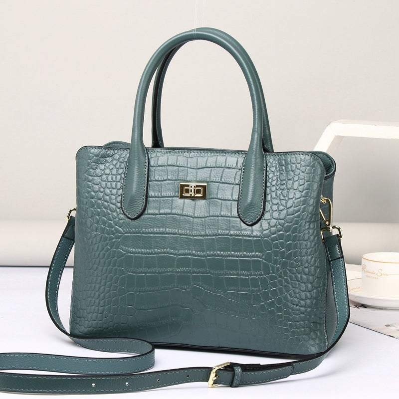 Genuine Top Layer Cowhide Crocodile-Embossed Handbag for Women, New Commute Shoulder Crossbody Top Handle Purse, Fashionable Everyday Bag 6055 for Ladies