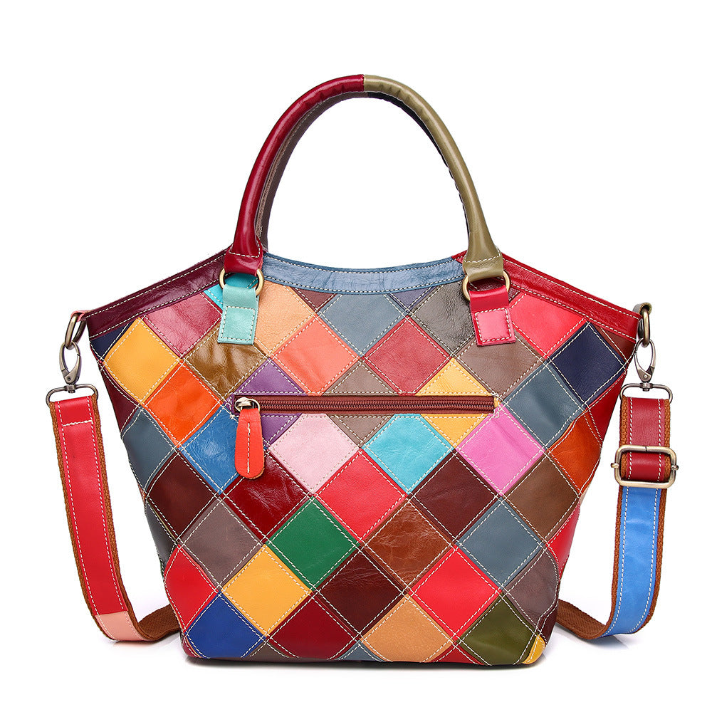 Genuine Cowhide Colorful Plaid Color Block Handbag for Women, New Top Handle Shoulder Purse, Trendy Everyday Bag for Ladies