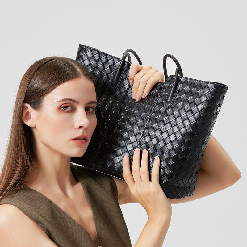 Split Cowhide Handwoven Tote Bag for Women Large Capacity Commuter Shoulder Handbag, Trendy Versatile Purse with Artisan Texture