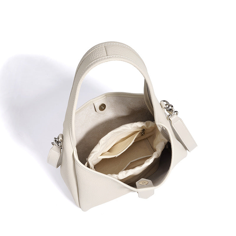 Genuine Leather Niche Designer Bucket Bag for Women, Minimalist Premium Shoulder Crossbody Purse, Casual Versatile Fashionable Everyday Handbag for Ladies