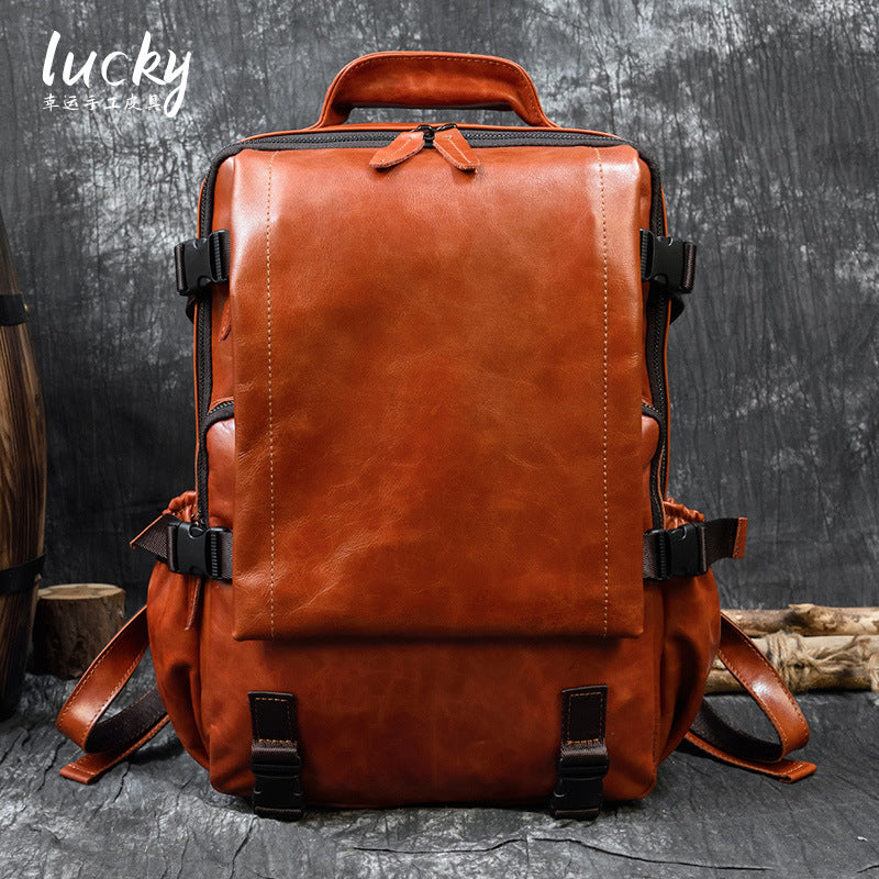Genuine Oil Leather 14-Inch Laptop Backpack for Men and Women, Commute Travel Daypack, Premium Cowhide Rucksack for Ladies and Gentlemen