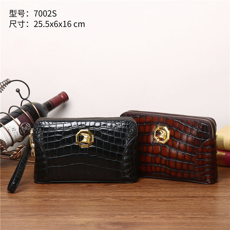 New Arrival Genuine Leather Croc-Effect Clutch Bag for Men, A Large Capacity Business Hand Grab Bag with Double-Zip & Combination Lock, Perfect for Travel & Work
