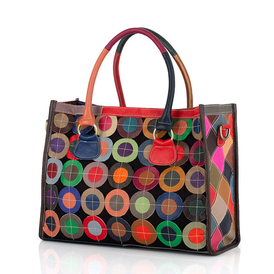 Premium Genuine Cowhide Leather Multi-Color Circular Patchwork Bag for Women | New Casual Color-Block Top-Handle Shoulder Handbag with Unique Artistic Design | Trendy Versatile Purse for Work, Errands, Travel & Everyday Chic | Statement Accessory wit