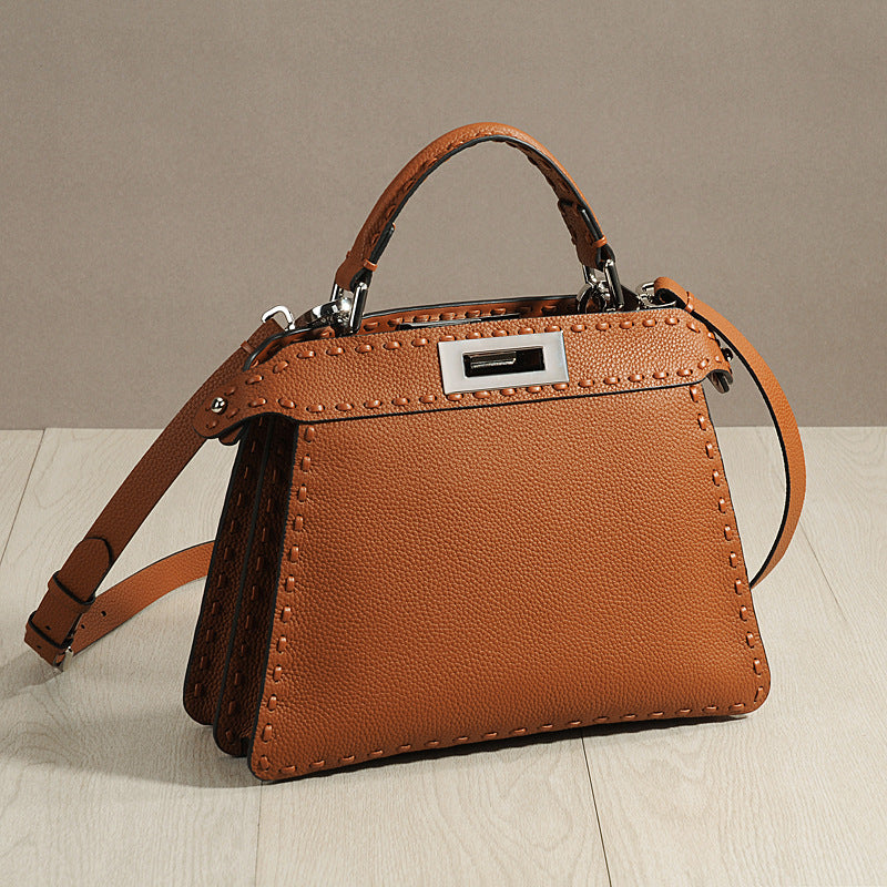 Genuine Top Layer Cowhide Hand-Stitched Waxed Thread Bag for Women, New Accordion Crossbody Shoulder Top Handle Purse, Casual Everyday Handbag for Ladies