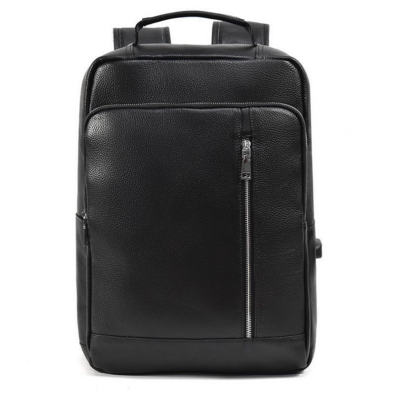 Black Genuine Leather 15-Inch Laptop Backpack with USB Port, Business Commute Daypack, Premium Cowhide School Travel Bag for Men