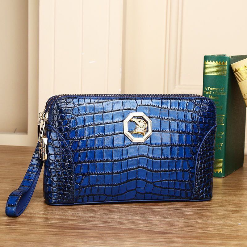 New Arrival Genuine Leather Croc-Effect Clutch Bag for Men, A Large Capacity Business Hand Grab Bag with Double-Zip & Combination Lock, Perfect for Travel & Work