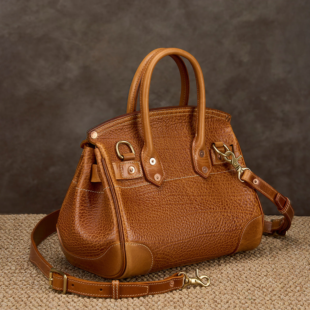 Genuine Italian Tree Bark Cowhide Birkin-Style Bag for Women, Vintage Heavy-Duty Textured Kelly-Style Crocodile-Embossed Shoulder Crossbody Purse, Premium Handbag for Ladies
