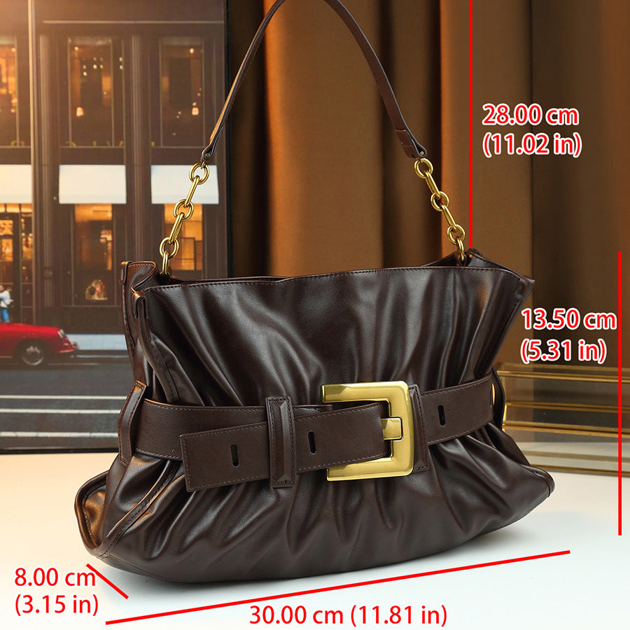 Metal Belt Buckle Pleated Cloud Bag for Women Large Capacity Shoulder Underarm Handbag, Creative Hardware Purse with Versatile Style