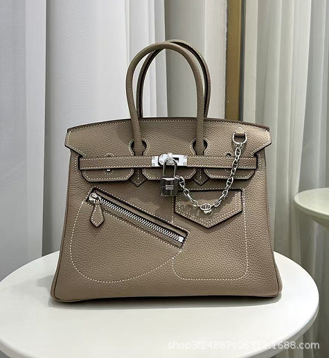 New Arrival Top-Layer Cowhide Leather Biker Birkin-Inspired Tote Bag for Women, Front Zipper Detail with Spacious Large Capacity, Versatile Top-Handle Crossbody Handbag for Everyday Style