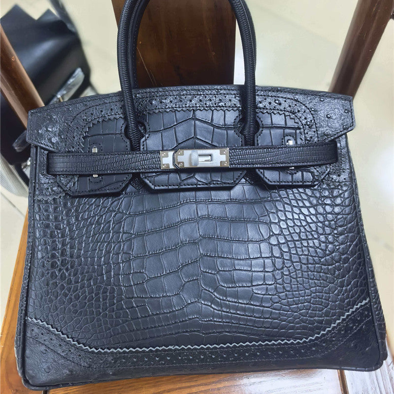 Premium American Croc-Effect & Ostrich-Effect Birkin-Inspired Tote Bag for Women, Genuine Leather Large Capacity Business Handbag with Versatile Shoulder Crossbody Carry