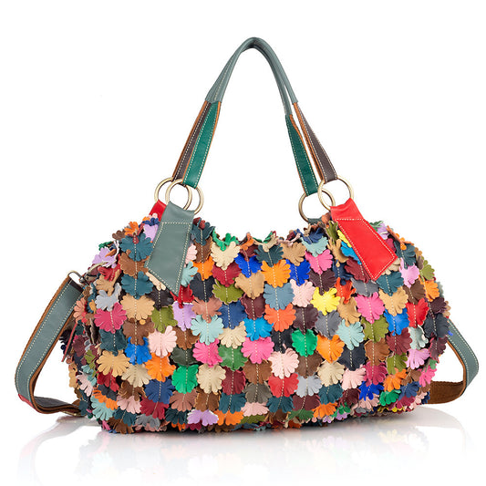 Genuine Leather Handmade Colorful Pattern Bag for Women, New Soft Large Crossbody Shoulder Purse, Trendy Everyday Handbag for Ladies