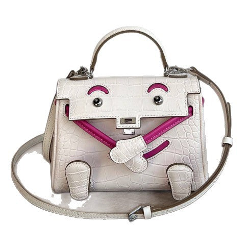 New Arrival Cute Smiley Face Kelly-Inspired Bag for Women, A Trendy Textured Top-Handle Shoulder Crossbody Handbag with Croc-Effect Finish & Versatile Style