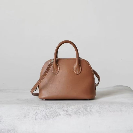 Genuine Leather Crossbody Bag for Women, Hermès-Inspired Bolide Mini Bowling Tote Bag, Top-Grain Cowhide Leather Shell-Shaped Handbag with Top Handle and Shoulder Strap, Lightweight Luxury Niche Designer Purse