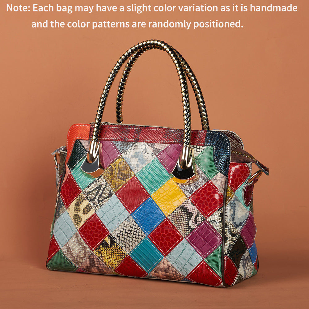 Genuine Leather Vintage Handmade Color Block Plaid Snakeskin Handbag for Women, Top Handle Crossbody Purse, Unique Retro Designer Bag for Ladies