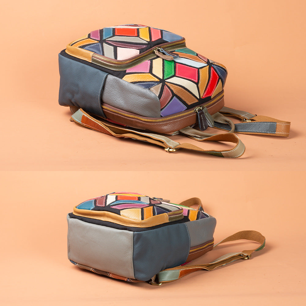Genuine Leather Colorful Bohemian Geometric Color Block Backpack for Women, New Arrival Casual Trendy Daypack, Boho Travel Shoulder Bag for Ladies