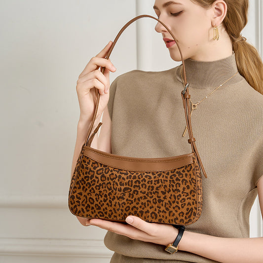 Genuine Top Layer Cowhide Leopard Print Small Crossbody Bag for Women, Japanese Niche Design Lightweight Shoulder Purse, Fashionable Everyday Handbag for Ladies
