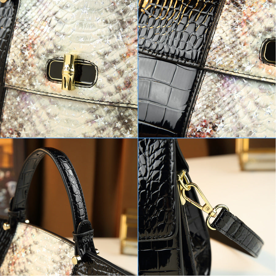 Snakeskin Gradient Boston Bag for Women Light Luxury Shoulder Crossbody Handbag, Color-Block Purse with Exotic Textured Finish