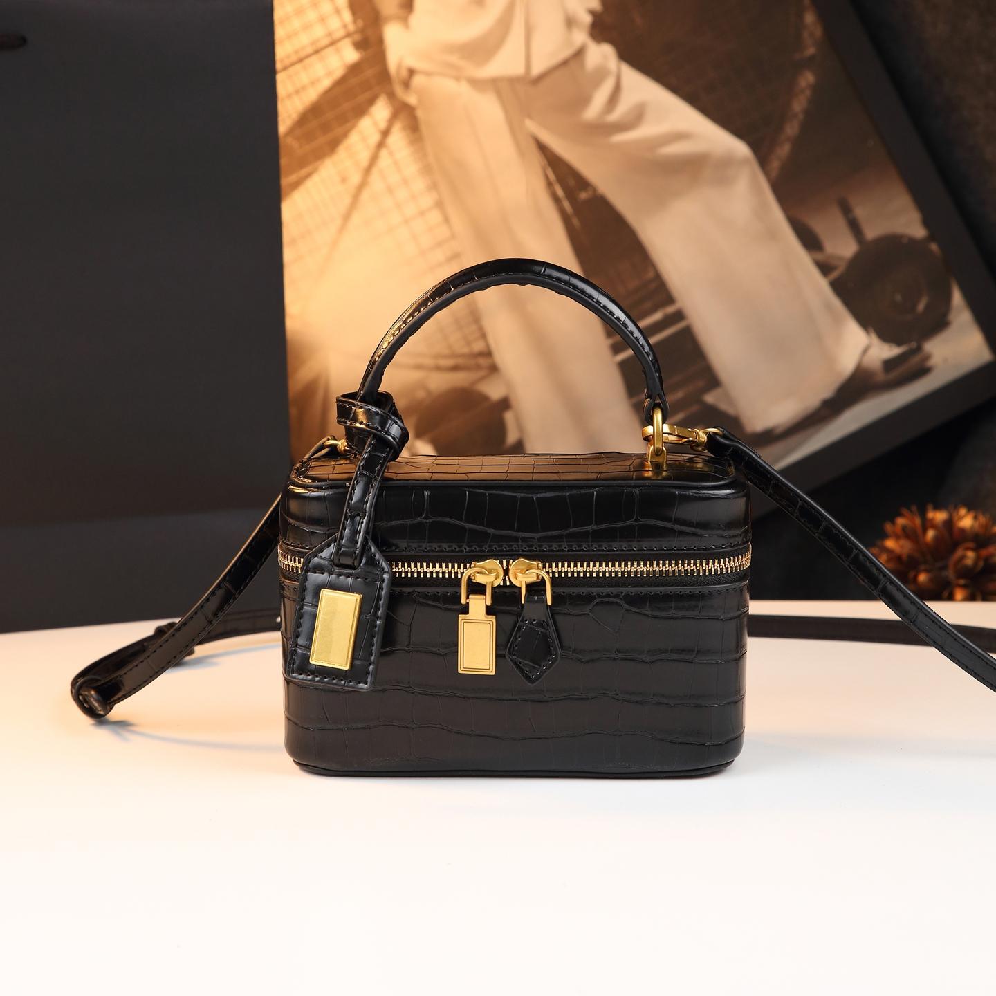 New Arrival Croc-Effect Genuine Leather Bento Box Bag for Women, A Versatile Small Shoulder Crossbody Top-Handle Handbag with Fashionable Design