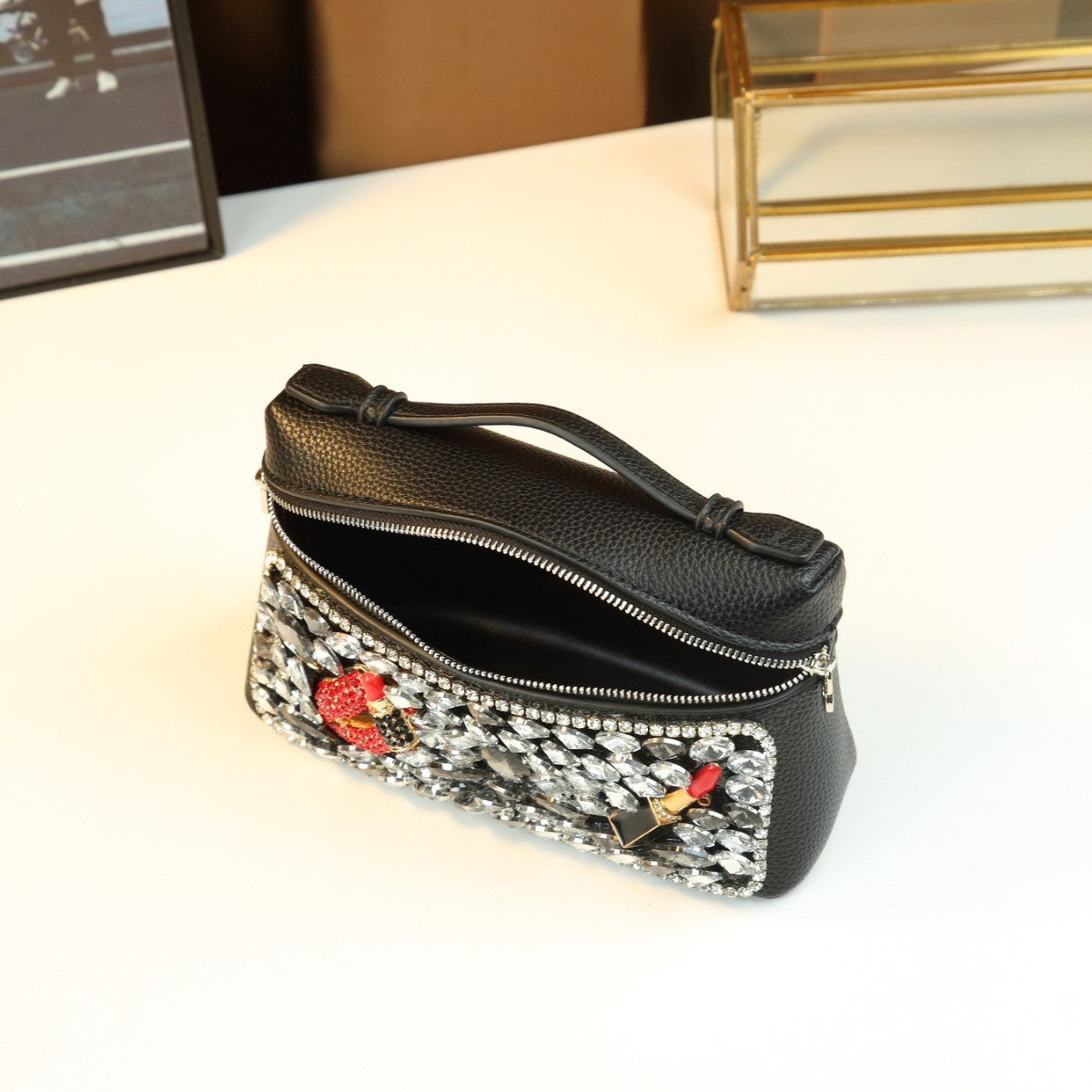 Lipstick Rhinestone Embellished Mini Box Bag for Women Party Shoulder Crossbody Handbag, Sparkly Flap Purse with Premium Glamorous Design