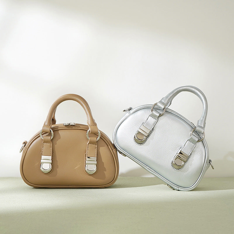 Vintage Bowling Bag in Top Layer Cowhide, Mini Shoulder Crossbody Top Handle Purse, Premium Genuine Leather Handbag for Women