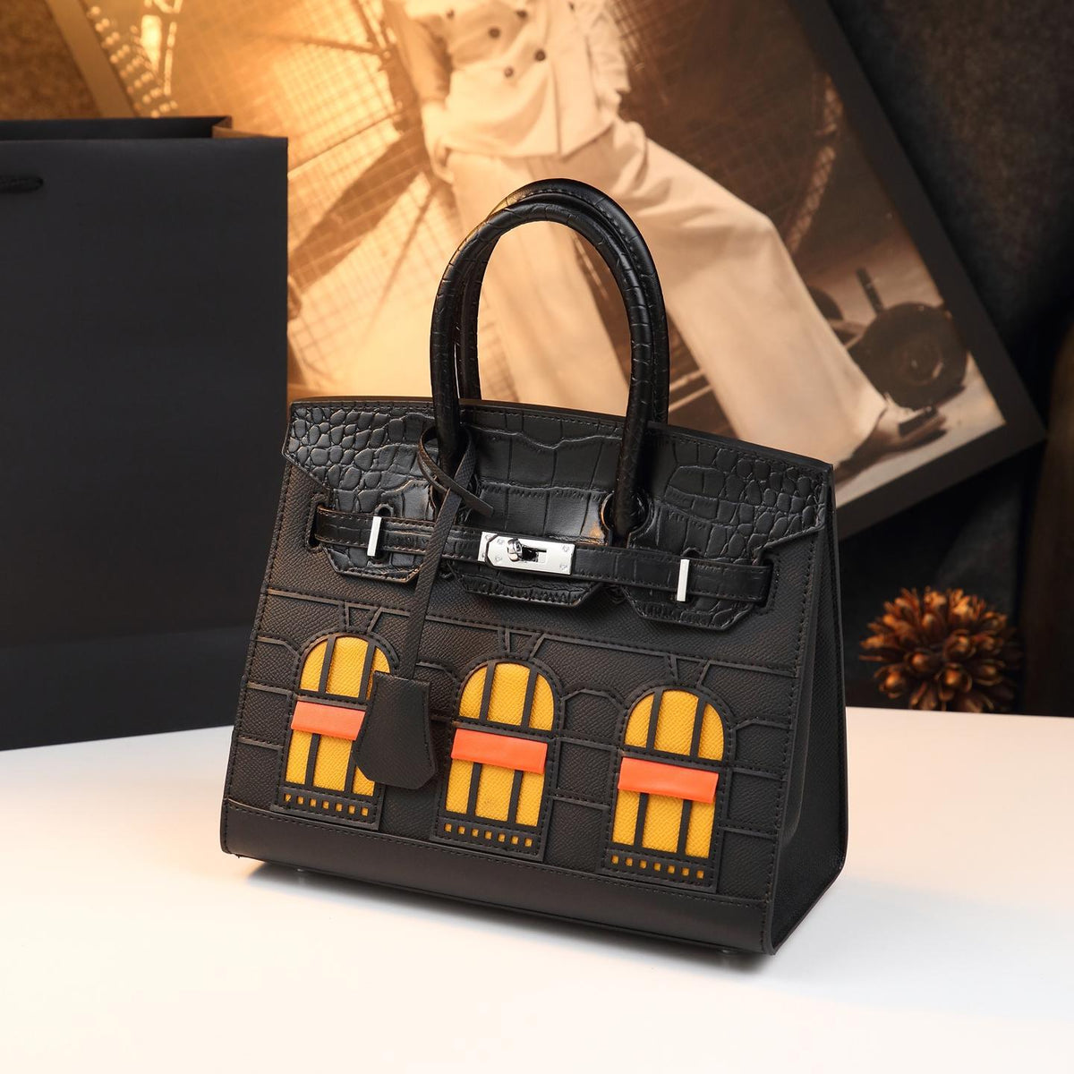 Chic Croc-Embossed Birkin-Inspired Tote Bag for Women, Premium Genuine Leather Top-Handle Shoulder Crossbody Handbag with Sophisticated Elegant Design, Trendy Everyday Purse