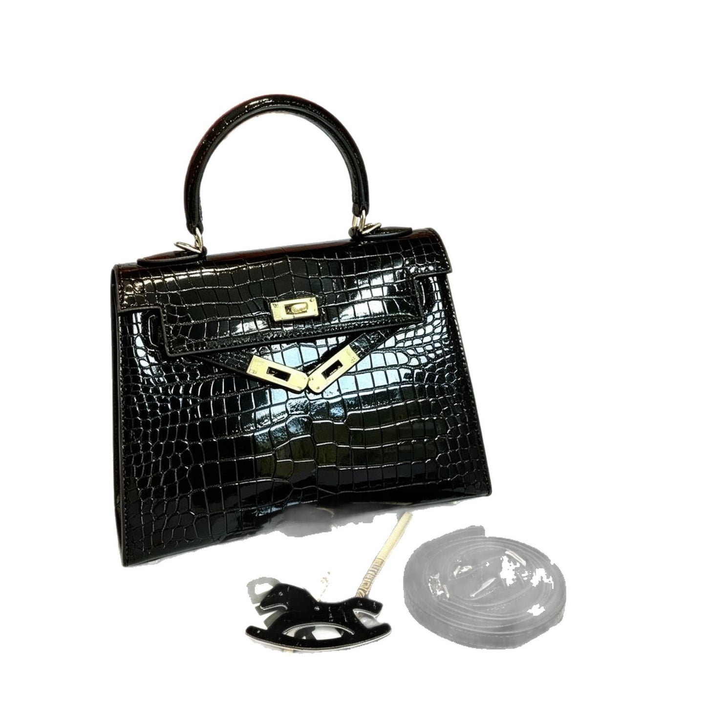 New Arrival Kelly-Inspired Croc-Effect Genuine Leather Tote Bag for Women, A Large Capacity Top-Handle Shoulder Crossbody Handbag with Turn-Lock Design & Trendy Style