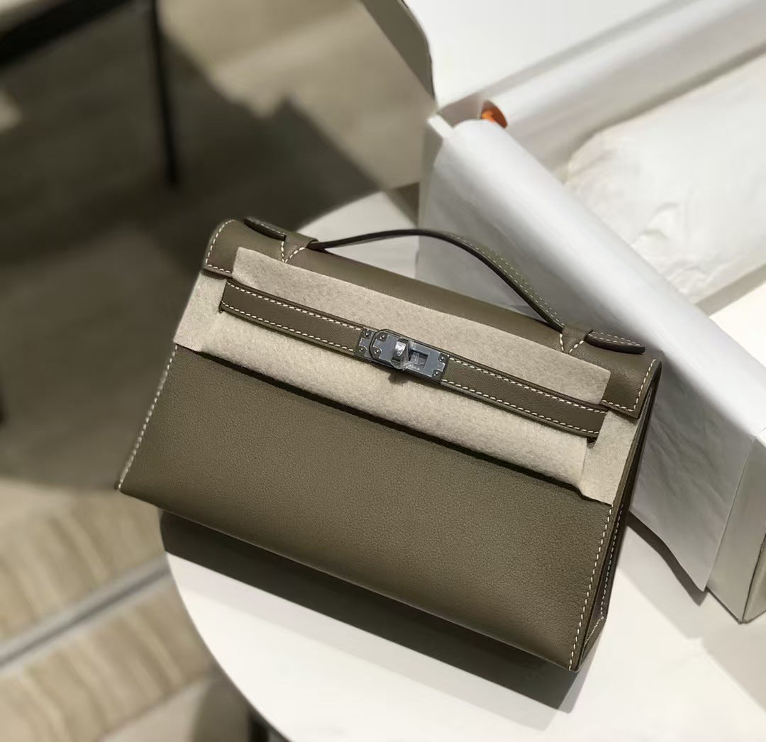 Genuine Swift Leather Mini Kelly-Style Bag for Women, 2025 Spring Summer Hermès-Inspired Top Handle Chain Shoulder Purse, Light Luxury Everyday Handbag for Ladies