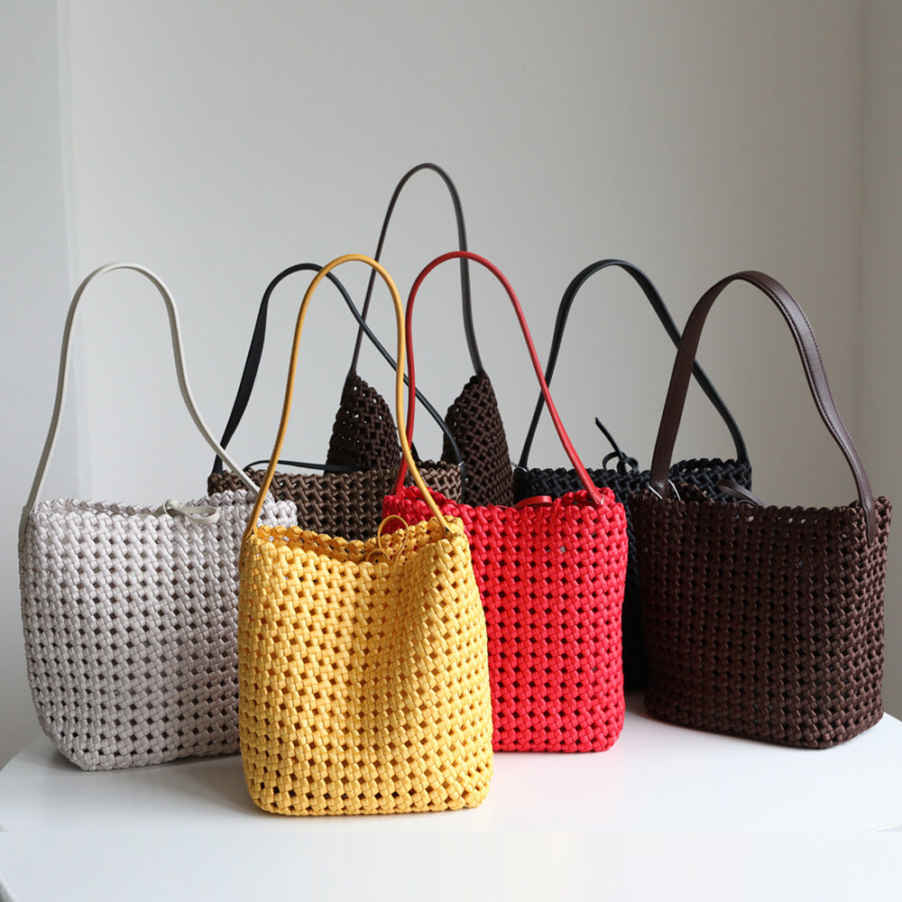 Hollow Woven Cowhide Tote Bag for Women Large Capacity Shoulder Underarm Handbag, Designer Style with Versatile Commuter Appeal