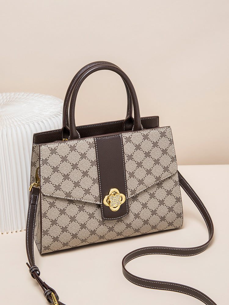 Chic Large Capacity Genuine Leather Tote Bag for Women, Kelly & Birkin-Inspired Turn-Lock Design with Unique Plum Blossom Clasp, Versatile Shoulder Crossbody Top-Handle Handbag