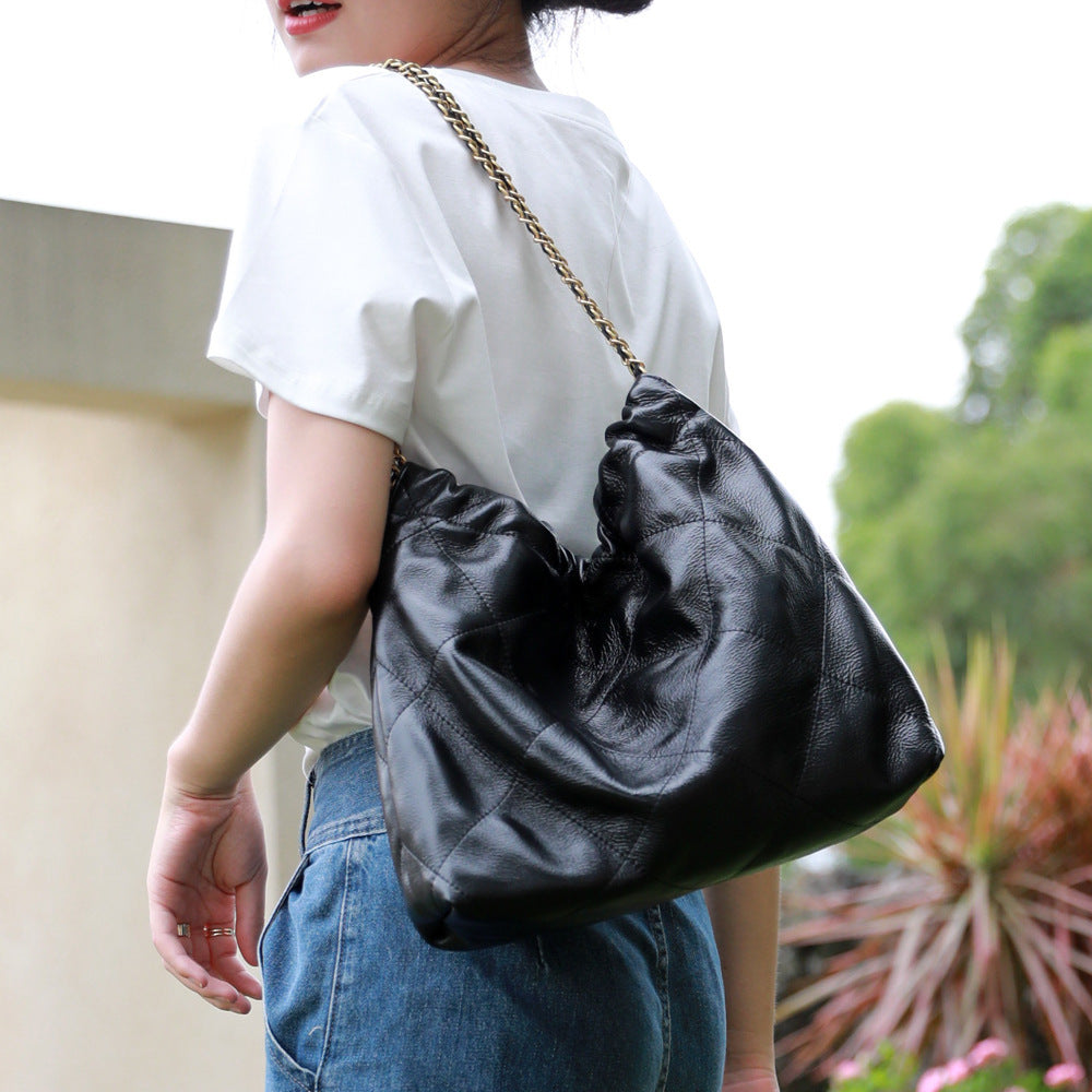 Top Layer Cowhide Quilted Underarm Tote Bag for Women Large Capacity Chain Shoulder Handbag, Classic Purse with Luxurious Texture