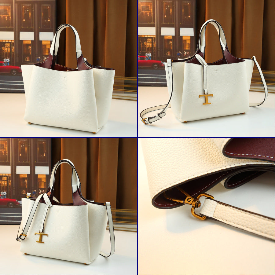 Pebble Grain Tote Bag for Women with T-Shaped Charm Detail, Large Capacity Commuter Shoulder Crossbody Handbag with Versatile Everyday Design