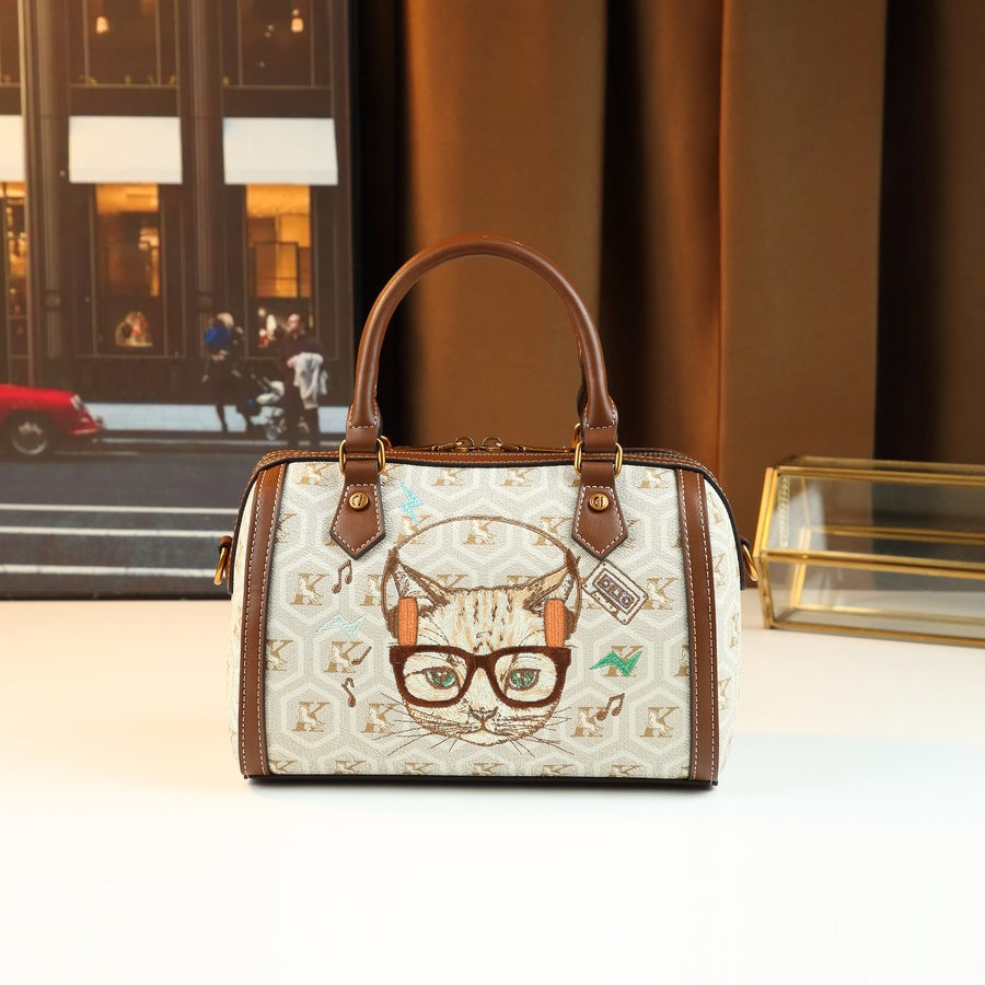 Cat Print Pillow Bag for Women Light Luxury Vintage Shoulder Handbag, Artistic Retro Purse with Playful Feline Design