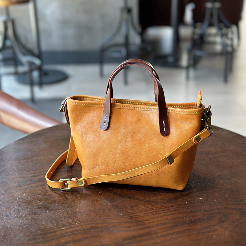 Vegetable-Tanned Leather Mini Phone Crossbody Bag, Color Block Top Handle Shoulder Purse, Versatile Handbag for Women