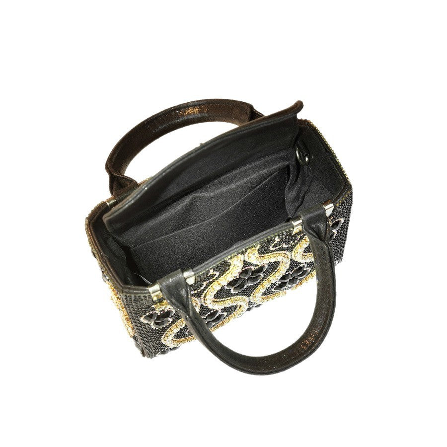 Rhinestone Floral Mini Square Bag for Women Black-Gold Evening Shoulder Crossbody Handbag, Heavy Crystal Embellished Purse with Glamorous Light Luxury Design