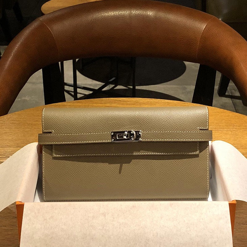 Genuine Togo Leather Long Wallet Clutch for Women, Hermès-Inspired Kelly-Style Money Holder, Premium Epsom Leather Phone Bag for Ladies