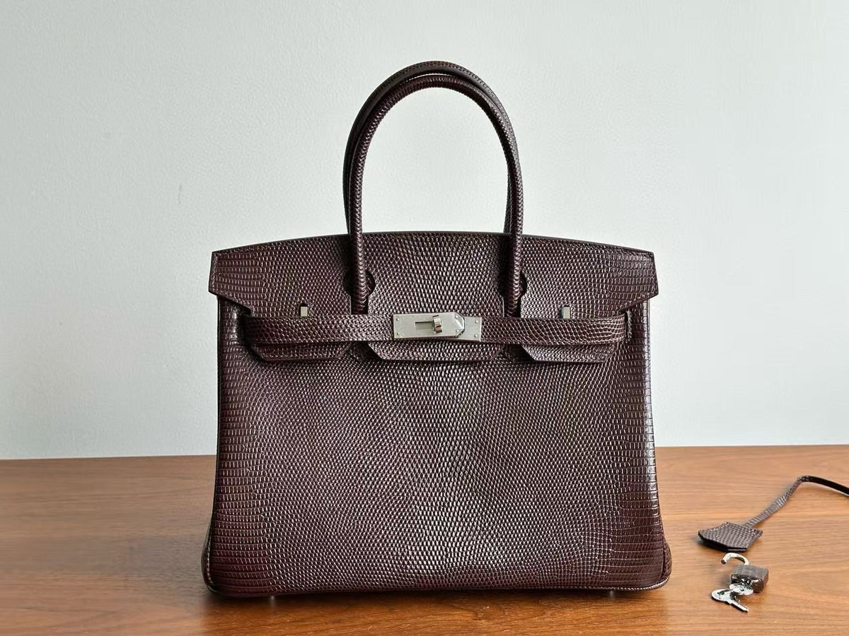 Genuine Top Layer Cowhide Lizard-Embossed Birkin 30cm Bag for Women, Hermès-Style Lock Clasp Top Handle Purse, Premium Leather Handbag for Ladies