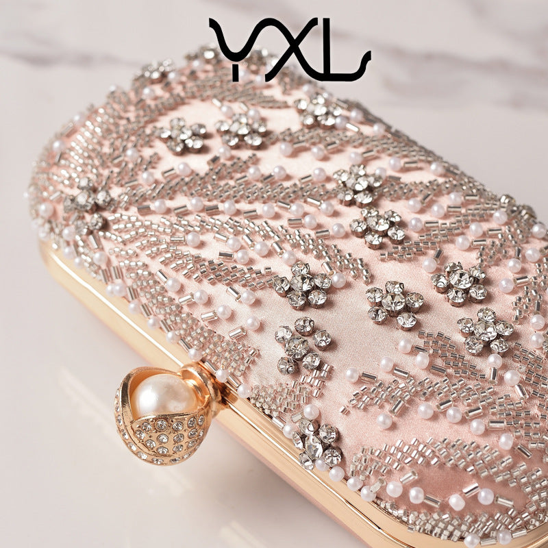 Elegant Champagne Beaded Embroidered Evening Clutch for Women, A Rhinestone-Embellished Banquet Bag Perfect for Formal Dresses Weddings & Special Occasions