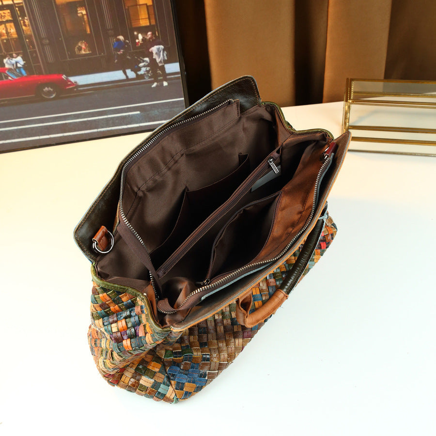 Woven Genuine Leather Tote Bag for Women Large Capacity Travel Shoulder Crossbody Handbag, Versatile Everyday Carryall with Artisan Woven Detail
