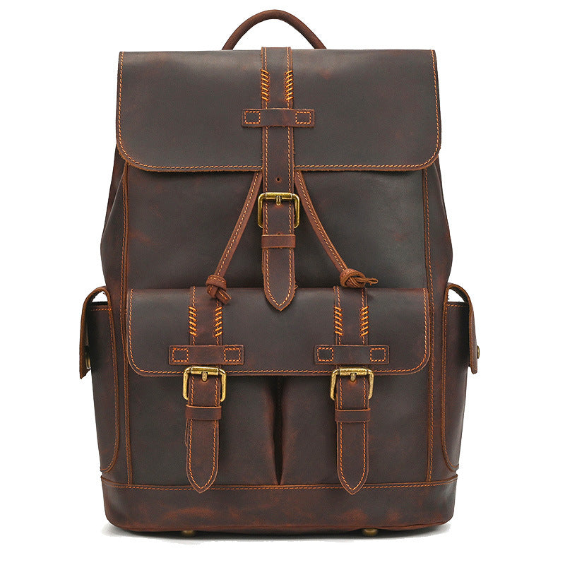 Men's Crazy Horse Leather Backpack Vintage Travel Daypack for Women Students, Genuine Leather Casual Rucksack Large Capacity