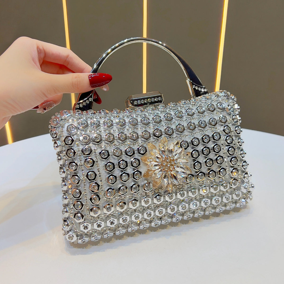 Women's Rhinestone-Embellished Evening Clutch, Premium Glamorous Top-Handle Handbag with Chain Strap, Perfect Banquet Purse