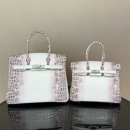 New Arrival Himalayan White Croc-Effect Birkin-Inspired Tote Bag for Women, Premium Genuine Leather Large Capacity Turn-Lock Top-Handle Shoulder Handbag, Perfect for Banquets & Everyday