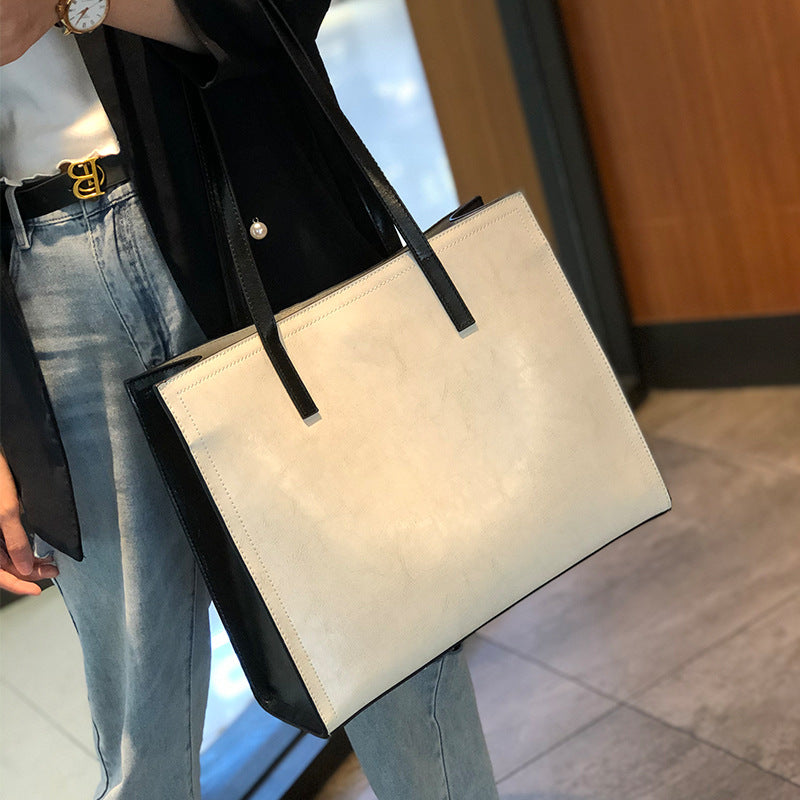 Genuine Waxed Cowhide Large Capacity Underarm Tote Bag for Women, New Light Luxury Shoulder Purse, Chic Everyday Handbag for Ladies