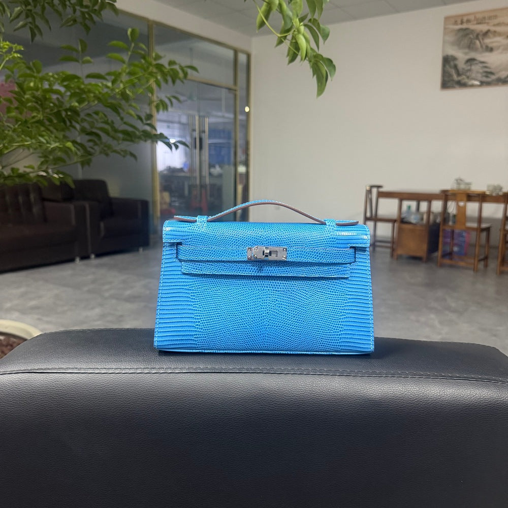 Genuine Top Layer Cowhide Lizard-Embossed Kelly-Style 22cm Bag for Women, Hand-Stitched Waxed Thread with Hand-Hammered Hardware, Lambskin Lining Square Purse with Full Steel Hardware for Ladies