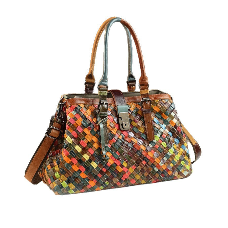 New Arrival Handcrafted Genuine Leather Bag for Women, A Unique Spliced Woven Shoulder Crossbody Handbag with Trendy Premium Design