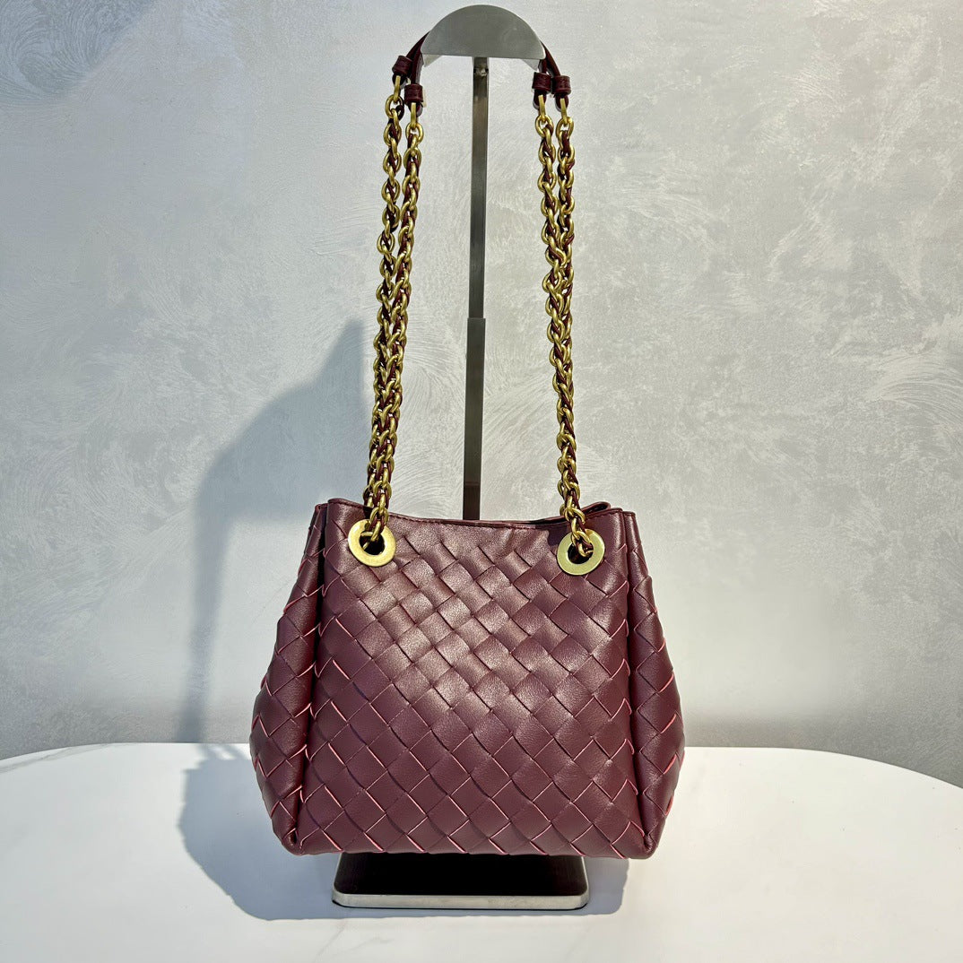 Genuine Leather Metal Chain Woven Parachute Bag for Women, Large Capacity Vintage Underarm Shoulder Crossbody Purse, Premium Handbag for Ladies